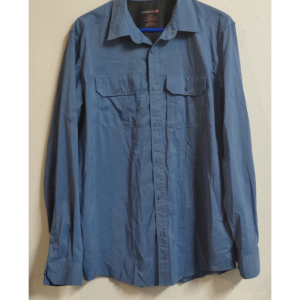 SwissTech Men's Medium Blue Check Long Sleeve Performance Button Up Shirt